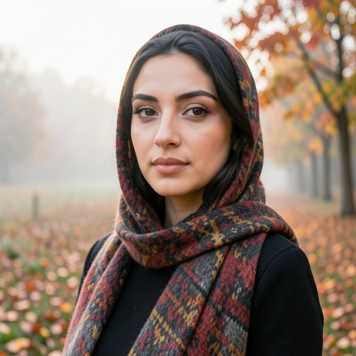 Close-up of a beautiful Arab woman in an autumn landscape on a misty morning. Close-up of a beautiful Arab woman in an autumn landscape on a misty morning.