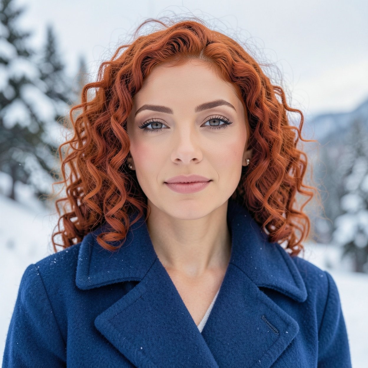 Close-up of a beautiful Arab woman with curly red hair and a blue coat in a winter landscape Close-up of a beautiful Arab woman with curly red hair and a blue coat in a winter landscape