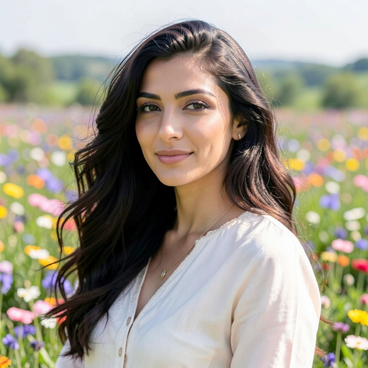 Close-up of a beautiful Arab woman with flowing hair in a spring landscape of flower fields Close-up of a beautiful Arab woman with flowing hair in a spring landscape of flower fields