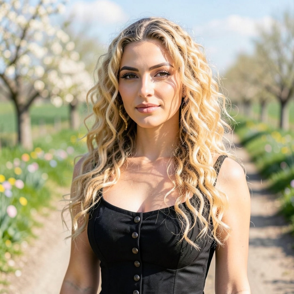 Close-up of a beautiful Arab woman with long, curly blonde hair and a black buttoned bodice in a spring landscape on a country path. Close-up of a beautiful Arab woman with long, curly blonde hair and a black buttoned bodice in a spring landscape on a country path.