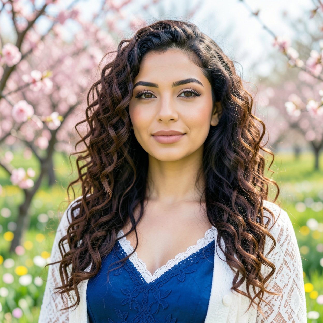 Close-up of a beautiful Arab woman with long curly hair, dressed in blue and white, in a spring landscape. Close-up of a beautiful Arab woman with long curly hair, dressed in blue and white, in a spring landscape.