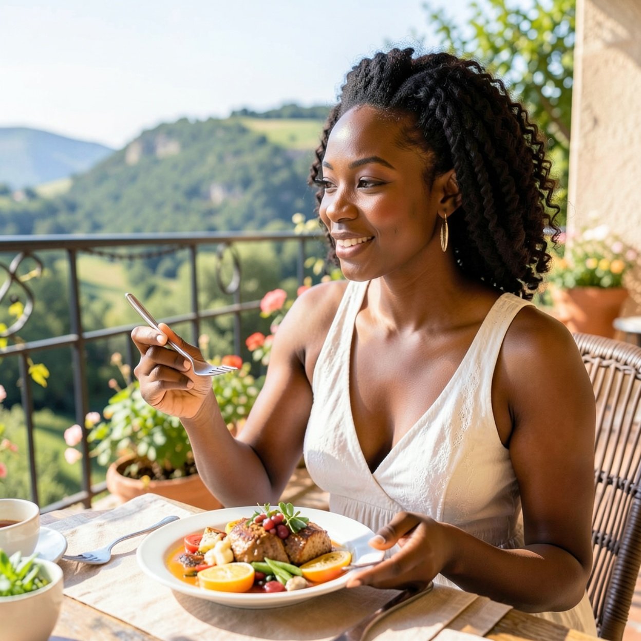 Close-up of a beautiful Black woman in a summer landscape, having a meal on a terrace Close-up of a beautiful Black woman in a summer landscape, having a meal on a terrace