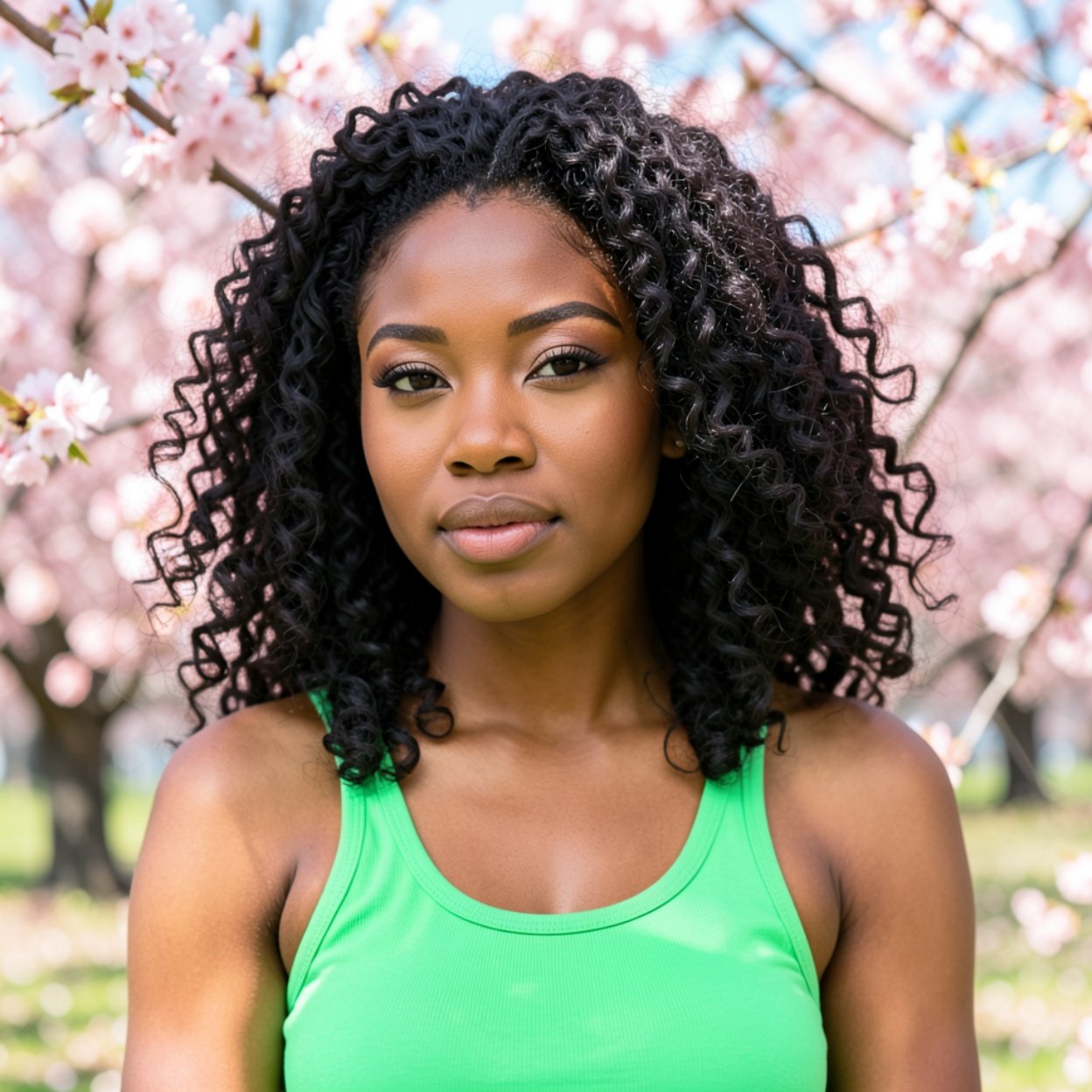 Close-up of a beautiful Black woman with curly hair, wearing a bright green tank top, in a spring landscape of cherry blossoms. Close-up of a beautiful Black woman with curly hair, wearing a bright green tank top, in a spring landscape of cherry blossoms.
