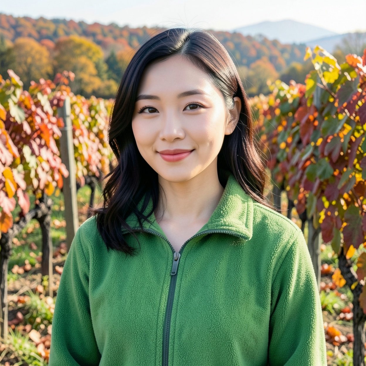 Close-up of a beautiful Chinese woman in a green fleece shirt in an autumn landscape in a vineyard Close-up of a beautiful Chinese woman in a green fleece shirt in an autumn landscape in a vineyard