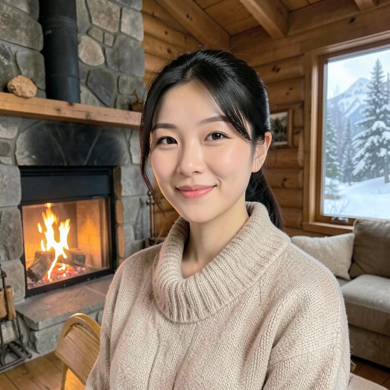 Close-up of a beautiful Chinese woman in a mountain chalet with a fireplace Close-up of a beautiful Chinese woman in a mountain chalet with a fireplace
