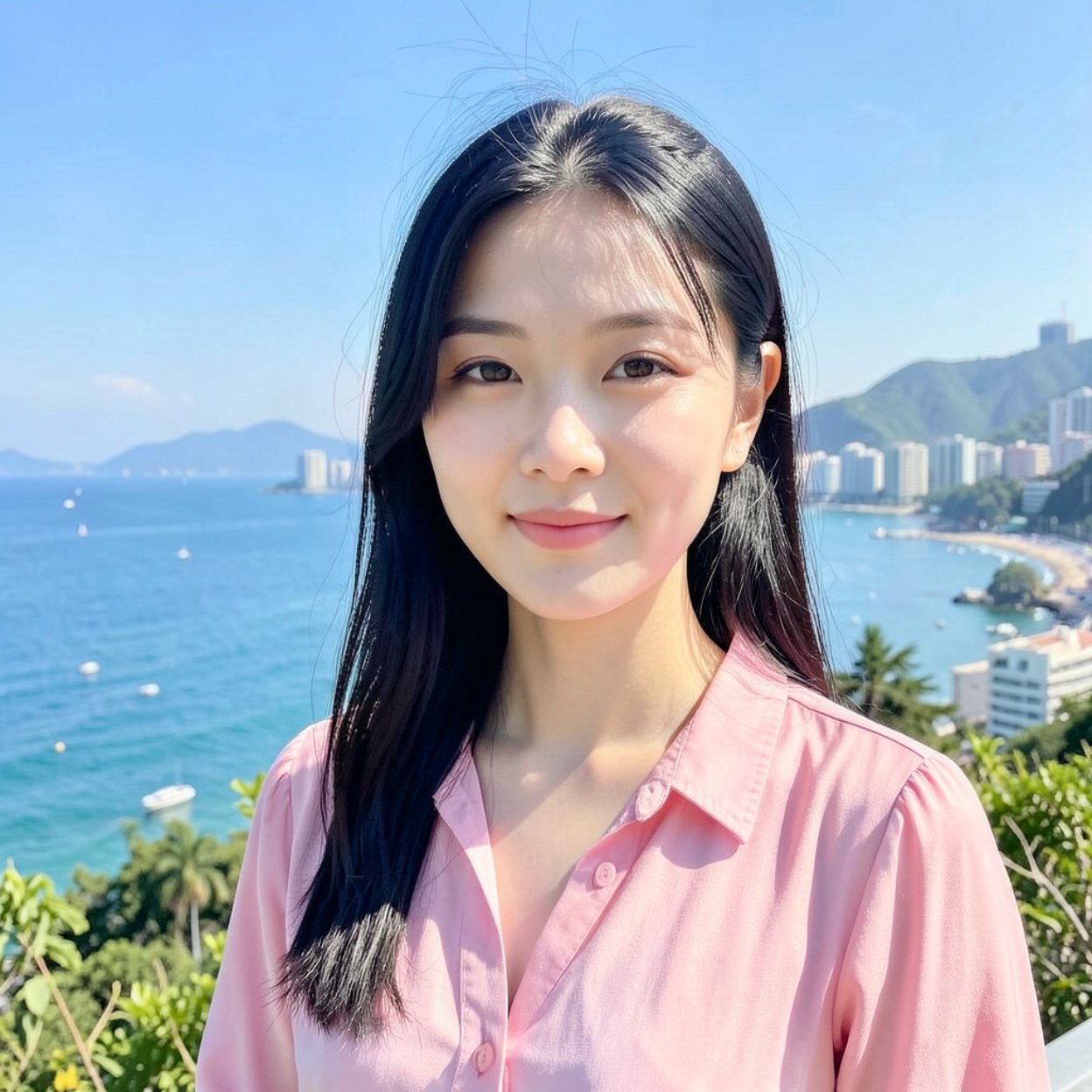 Close-up of a beautiful Chinese woman in a pink blouse in a summer landscape of a coastal city Close-up of a beautiful Chinese woman in a pink blouse in a summer landscape of a coastal city