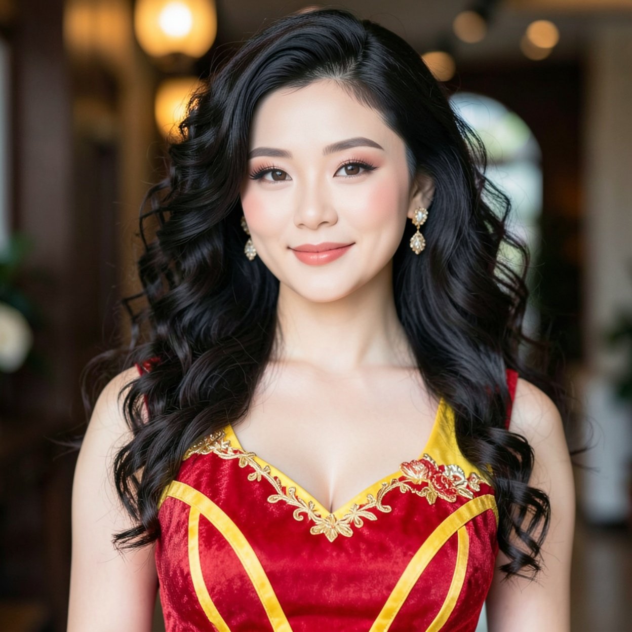 Close-up of a beautiful Chinese woman with long curly hair, dressed in a stylish red and yellow dress Close-up of a beautiful Chinese woman with long curly hair, dressed in a stylish red and yellow dress