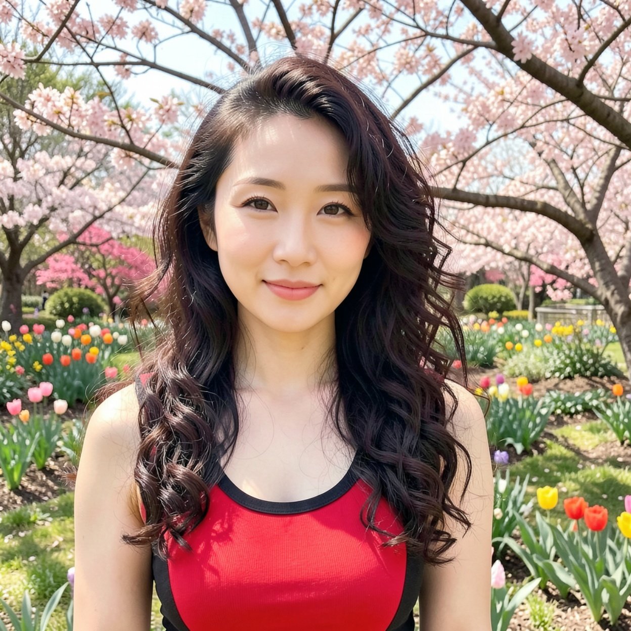 Close-up of a beautiful Chinese woman with long curly hair, wearing a red and black tank top, in a spring landscape in a botanical garden. Close-up of a beautiful Chinese woman with long curly hair, wearing a red and black tank top, in a spring landscape in a botanical garden.