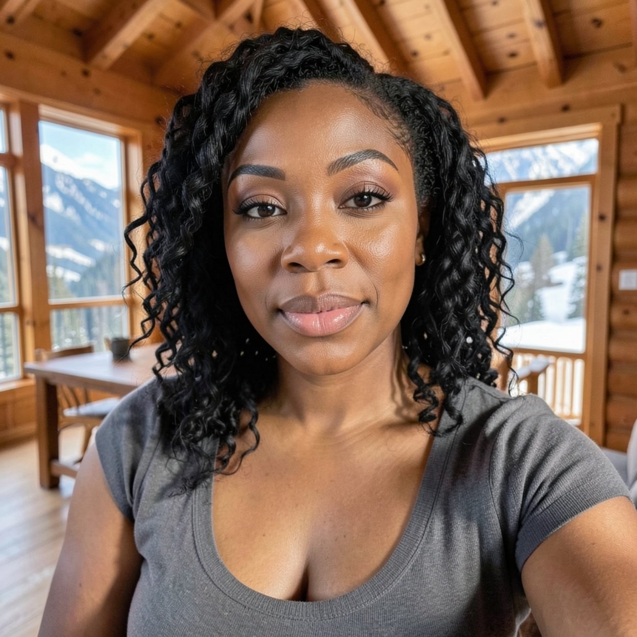 Close-up of a beautiful black woman in a mountain chalet Close-up of a beautiful black woman in a mountain chalet