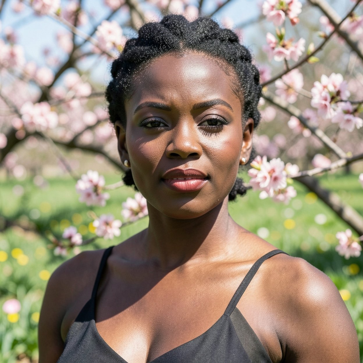 Close-up of a beautiful black woman in a spring landscape Close-up of a beautiful black woman in a spring landscape