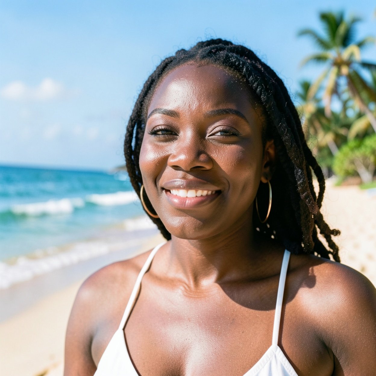 Close-up of a beautiful black woman on the beach in a summer landscape Close-up of a beautiful black woman on the beach in a summer landscape