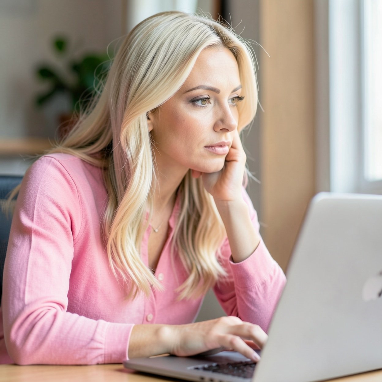 Close-up of a beautiful blonde woman dressed in pink, thinking in front of her laptop Close-up of a beautiful blonde woman dressed in pink, thinking in front of her laptop