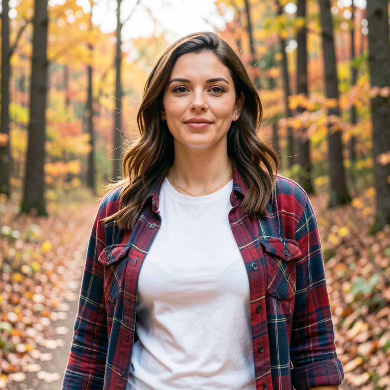 Close-up of a beautiful woman in a white t-shirt and open plaid shirt in an autumnal landscape, taking a walk in the forest Close-up of a beautiful woman in a white t-shirt and open plaid shirt in an autumnal landscape, taking a walk in the forest