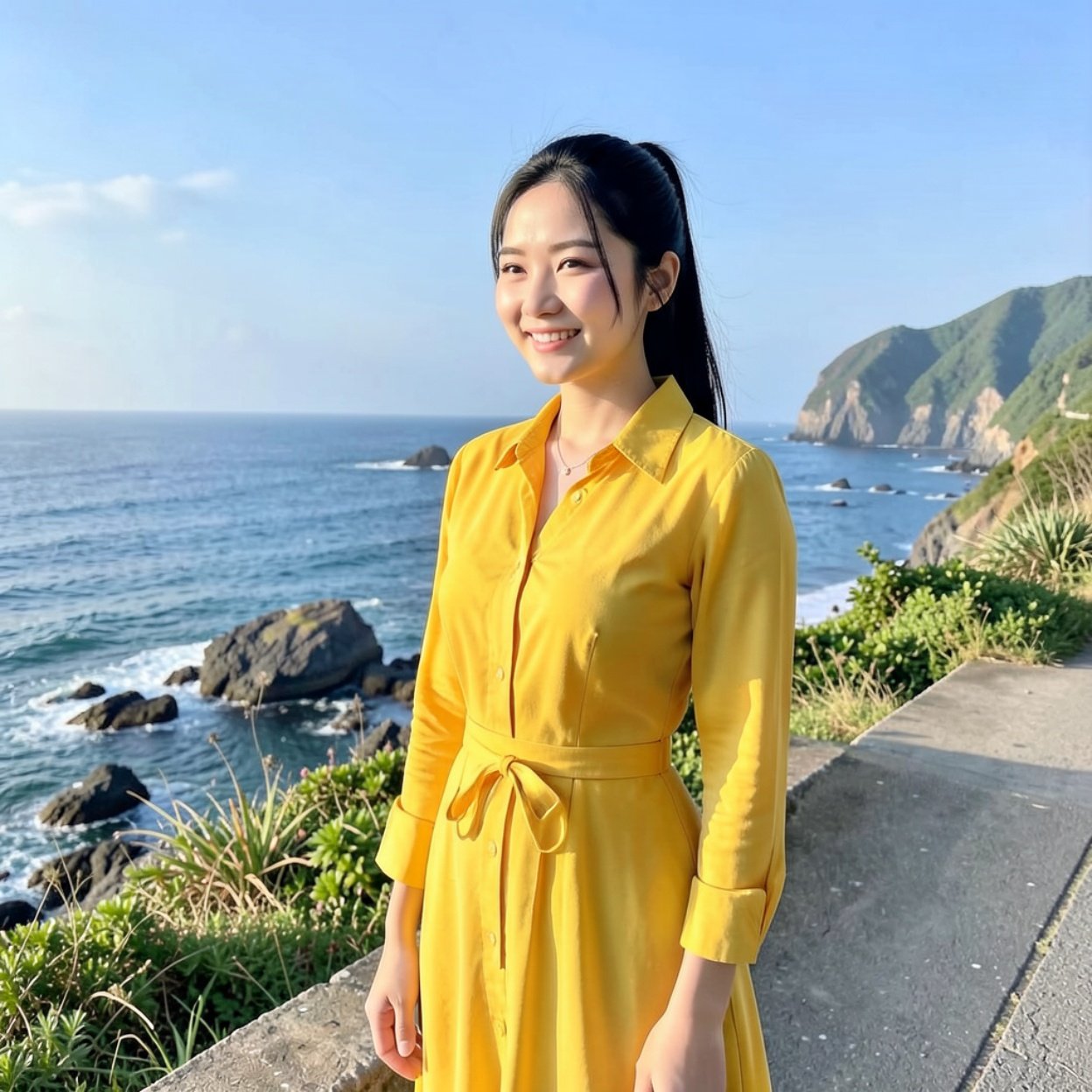 beautiful Chinese woman dressed in yellow in a coastal landscape beautiful Chinese woman dressed in yellow in a coastal landscape